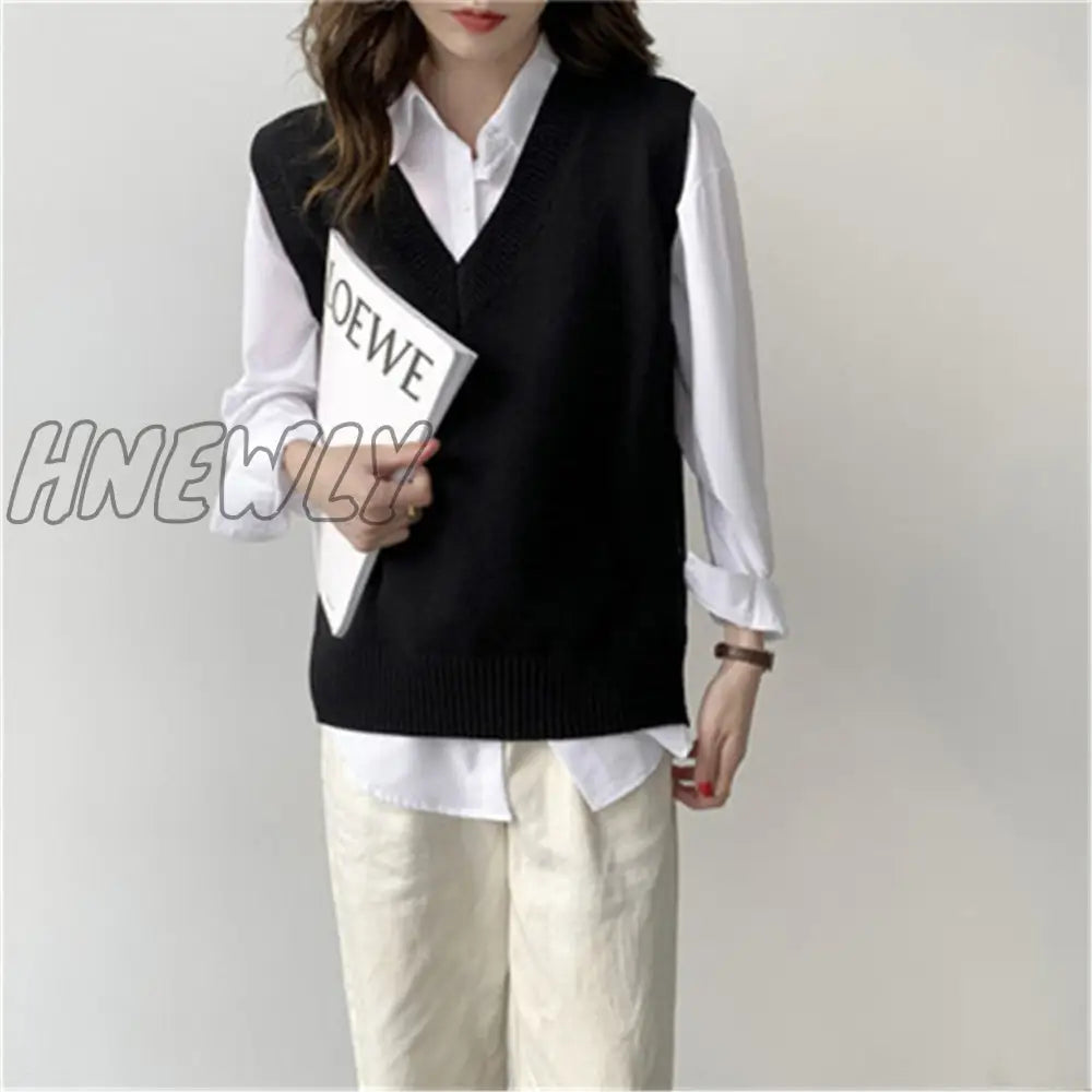 xsrrr Sweater Vest Women V-neck Solid Simple Slim All-match Casual Korean Style Teens Chic Fashion Autumn Winter Sleeveless Sweaters