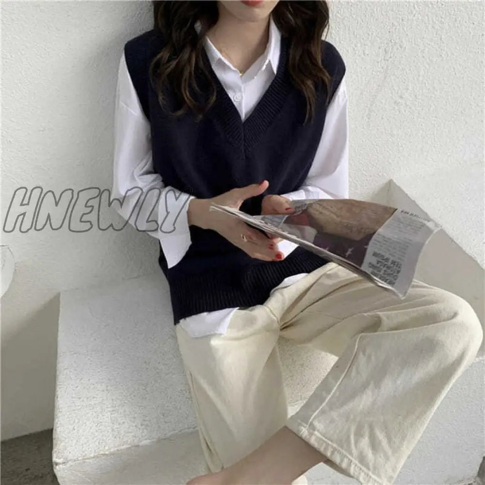 xsrrr Sweater Vest Women V-neck Solid Simple Slim All-match Casual Korean Style Teens Chic Fashion Autumn Winter Sleeveless Sweaters