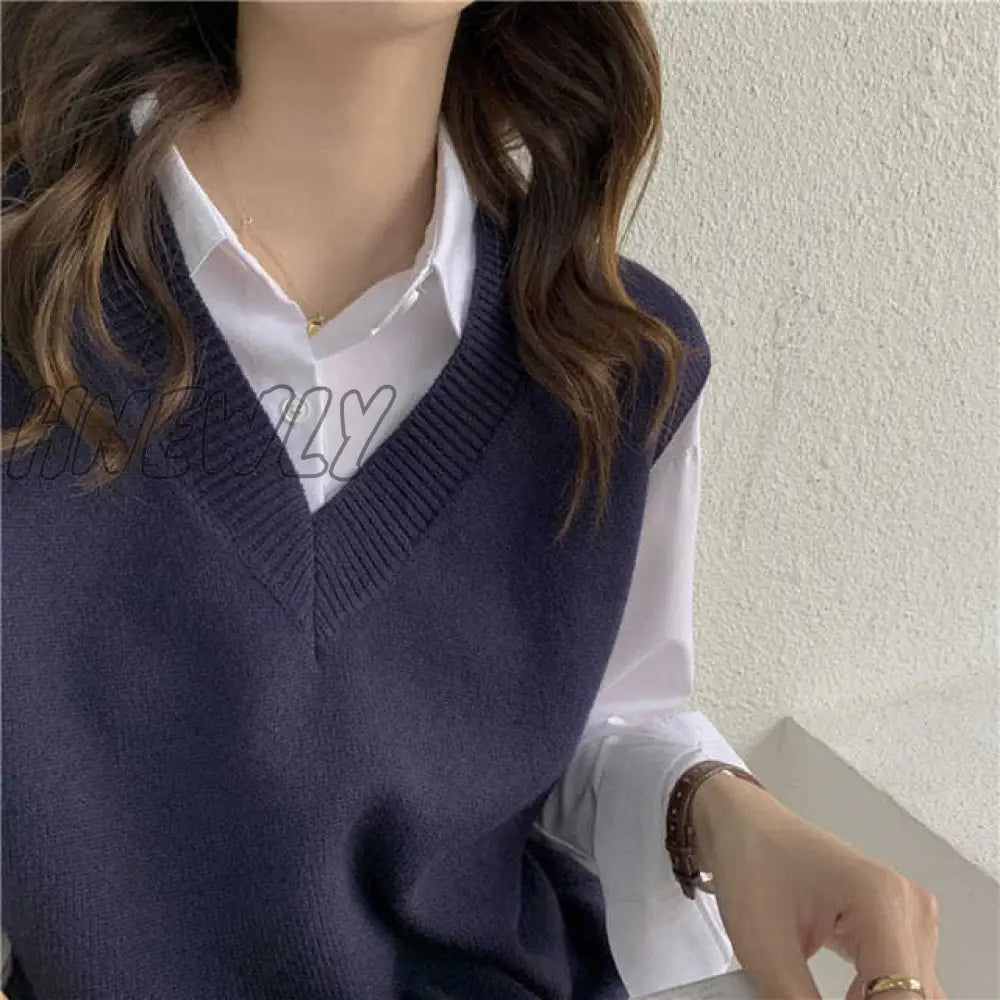 xsrrr Sweater Vest Women V-neck Solid Simple Slim All-match Casual Korean Style Teens Chic Fashion Autumn Winter Sleeveless Sweaters