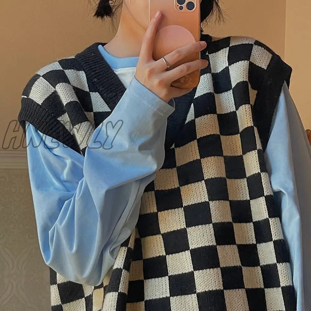 Hnewly Sweater Vest Women Vintage Plaid Stylish Sleeveless Knitwear Teens Preppy Style Ulzzang V-neck Girls Streetwear Harajuku Autumn