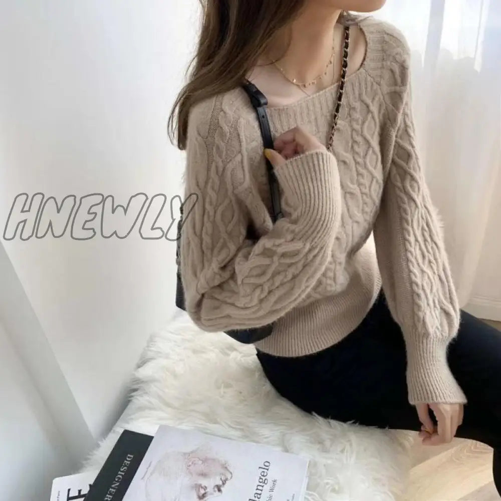 Hnewly Sweaters Women Fashion Slim Square Collar Long Sleeve Knitting Solid Simple Soft Cozy Tender Design Ulzzang Feminine Pullovers Winter Night Out Outfit