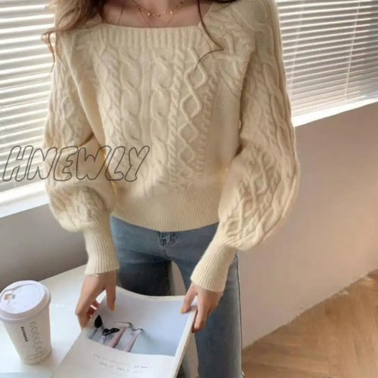 Hnewly Sweaters Women Fashion Slim Square Collar Long Sleeve Knitting Solid Simple Soft Cozy Tender Design Ulzzang Feminine Pullovers Winter Night Out Outfit