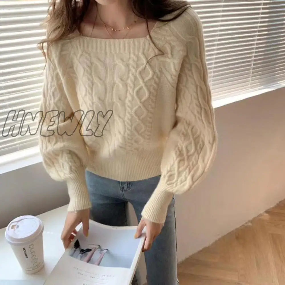 Hnewly Sweaters Women Fashion Slim Square Collar Long Sleeve Knitting Solid Simple Soft Cozy Tender Design Ulzzang Feminine Pullovers Winter Night Out Outfit