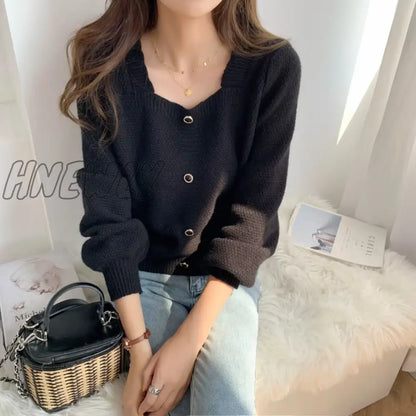 Hnewly Sweaters Women Fashion Slim Square Collar Long Sleeve Knitting Solid Simple Soft Cozy Tender Design Ulzzang Feminine Pullovers Winter Night Out Outfit