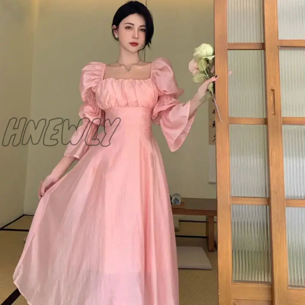 xsrrr Sweet Back Puff Sleeve Dress Women Autumn New Pink Bandage Dress Fashion Elegant Chiffon Long Dresses Female