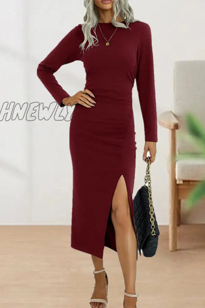 xsrrr - Sweet Elegant Solid Fold O Neck Sheath Dresses(6 Colors)