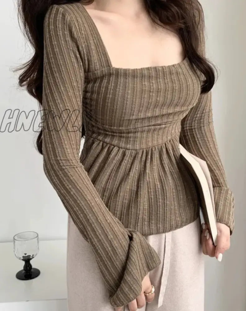 xsrrr Sweet Gentle Cute Square Neck Flare Sleeve Loose Casual Stripe T-shirt Fashion Sexy Korean Women Tops Elegant