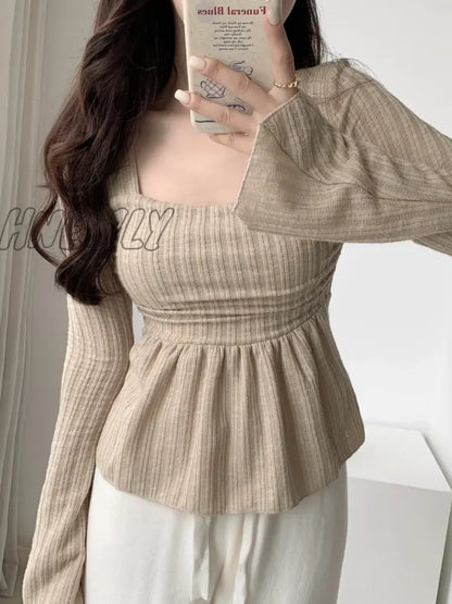 xsrrr Sweet Gentle Cute Square Neck Flare Sleeve Loose Casual Stripe T-shirt Fashion Sexy Korean Women Tops Elegant