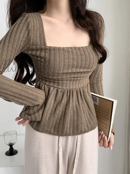 xsrrr Sweet Gentle Cute Square Neck Flare Sleeve Loose Casual Stripe T-shirt Fashion Sexy Korean Women Tops Elegant