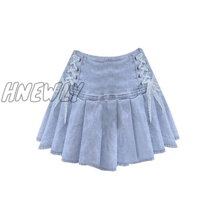 xsrrr Sweet High Waist Mini Denim Skirts Summer Women Sexy Lace Bandage Pleated Skirt Cool Girly Harajuku Korean Y2k Falda de busto