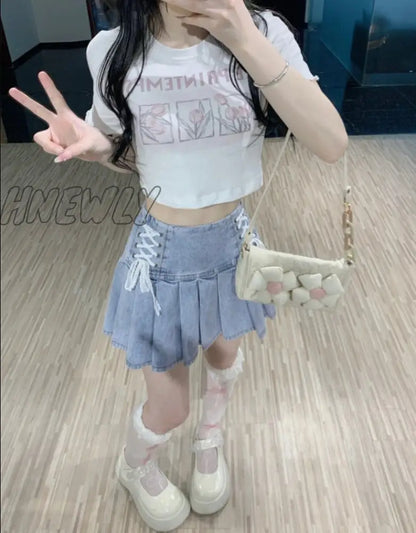 xsrrr Sweet High Waist Mini Denim Skirts Summer Women Sexy Lace Bandage Pleated Skirt Cool Girly Harajuku Korean Y2k Falda de busto