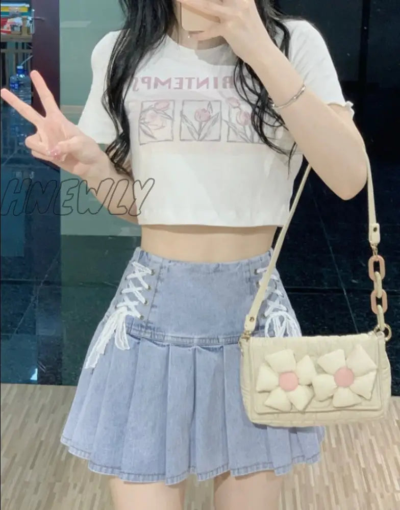 xsrrr Sweet High Waist Mini Denim Skirts Summer Women Sexy Lace Bandage Pleated Skirt Cool Girly Harajuku Korean Y2k Falda de busto