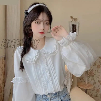 xsrrr Sweet Lolita Long Sleeve White Shirts Women Japanese Lace Ruffles Peter Pan Collar Elegant Blouses Girly Harajuku Gothic Blusas