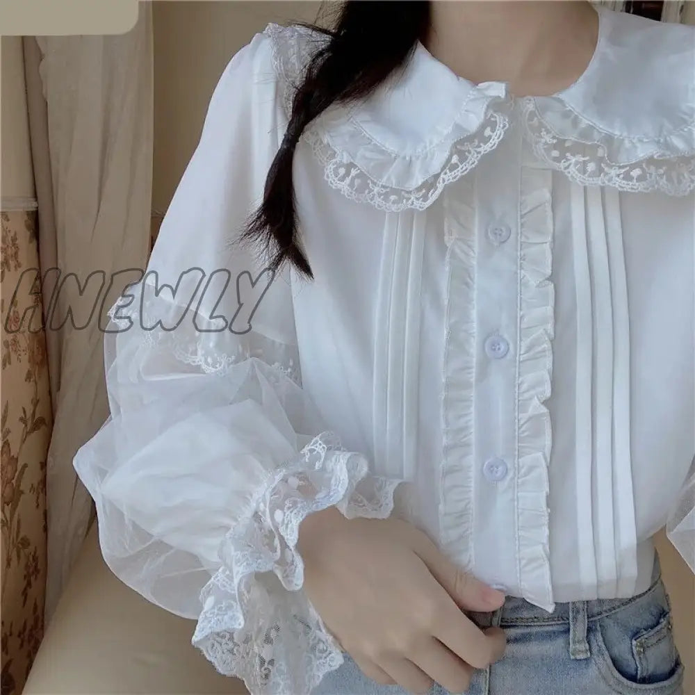 xsrrr Sweet Lolita Long Sleeve White Shirts Women Japanese Lace Ruffles Peter Pan Collar Elegant Blouses Girly Harajuku Gothic Blusas