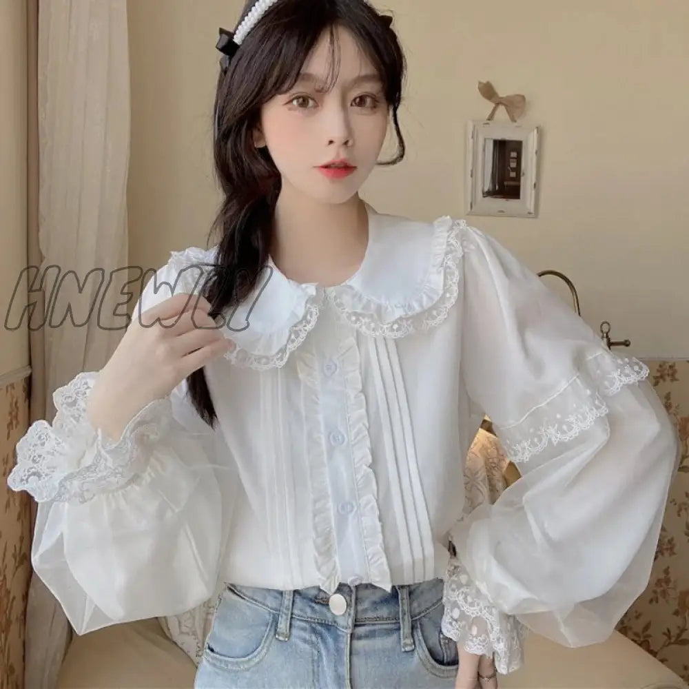 xsrrr Sweet Lolita Long Sleeve White Shirts Women Japanese Lace Ruffles Peter Pan Collar Elegant Blouses Girly Harajuku Gothic Blusas