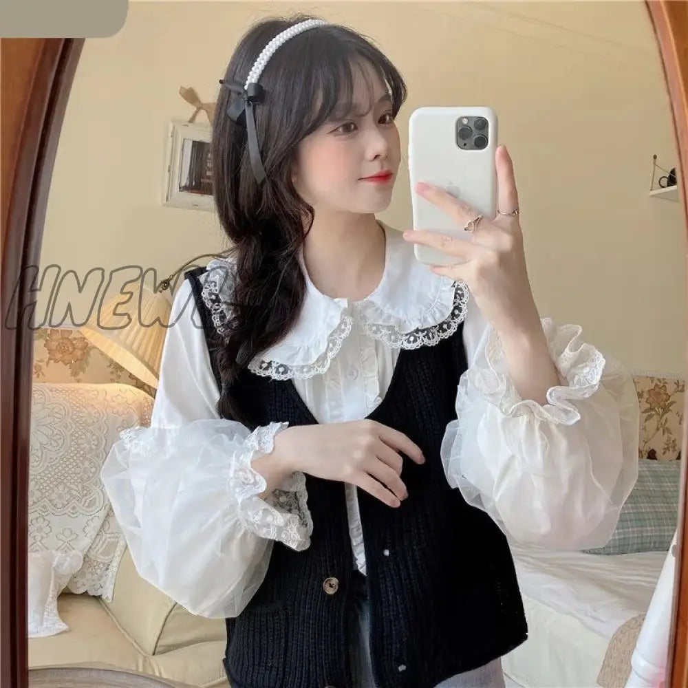 xsrrr Sweet Lolita Long Sleeve White Shirts Women Japanese Lace Ruffles Peter Pan Collar Elegant Blouses Girly Harajuku Gothic Blusas