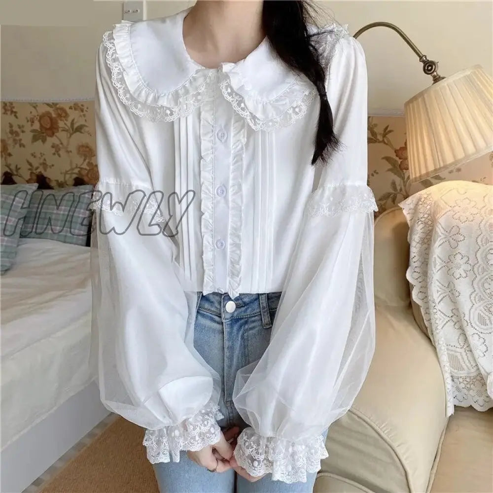 xsrrr Sweet Lolita Long Sleeve White Shirts Women Japanese Lace Ruffles Peter Pan Collar Elegant Blouses Girly Harajuku Gothic Blusas