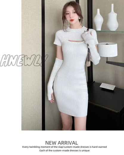 xsrrr Sweet Stretchy Knitted Dress Women Solid O-Neck Chic Chest Hollow Out Elegant Slim Mini Dresses Kawaii Clothes