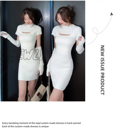 xsrrr Sweet Stretchy Knitted Dress Women Solid O-Neck Chic Chest Hollow Out Elegant Slim Mini Dresses Kawaii Clothes