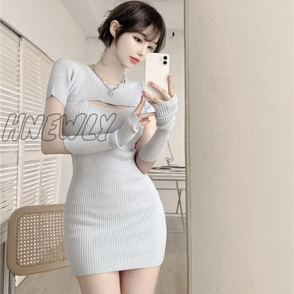 xsrrr Sweet Stretchy Knitted Dress Women Solid O-Neck Chic Chest Hollow Out Elegant Slim Mini Dresses Kawaii Clothes