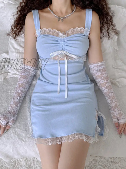 xsrrr Sweet Y2K  Lace Slip Dress Party Holiday Sleeveless Mini Wrap Bandage Kawaii Dresses Lolita Robe Sexy Outfit Aesthetic