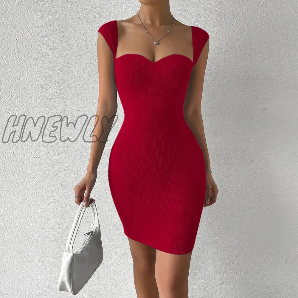 xsrrr Sweetheart Neck Bodycon Dress, Party Wear Solid Sleeveless Dress, Women's Clothing