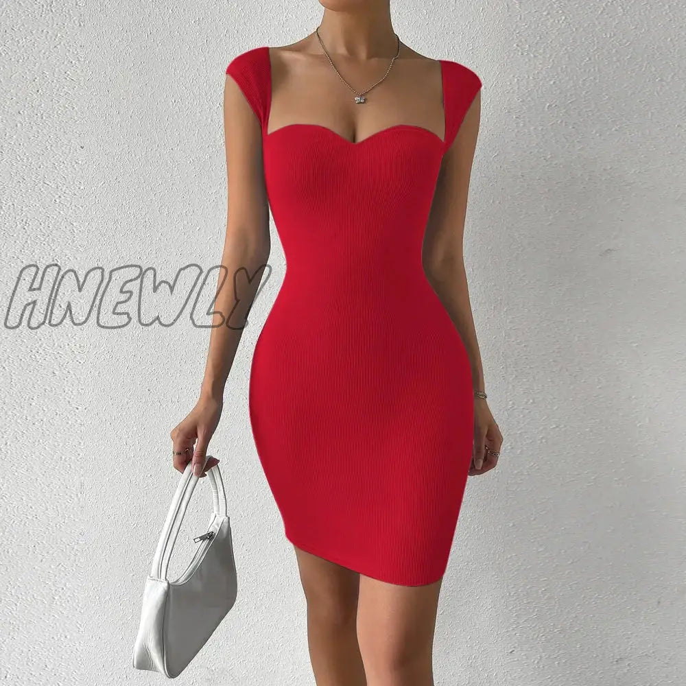 xsrrr Sweetheart Neck Bodycon Dress, Party Wear Solid Sleeveless Dress, Women's Clothing