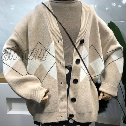 Hnewly Sweter Casacos Femininos Inverno Argyle Cardigan Sweater Women Winter Clothes V-Neck Sueters De Mujer Pull Femme