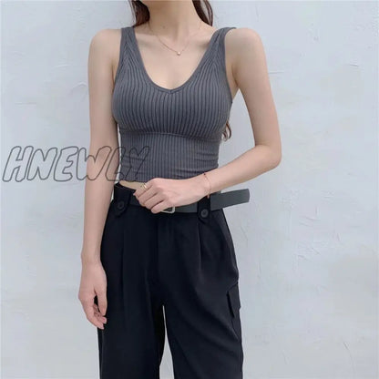 xsrrr Tank Tops Sexy Crop Vest Solid Harajuku Korean Female Off Shoulder Knitted V Neck Khaki White Summer Women Short Tops