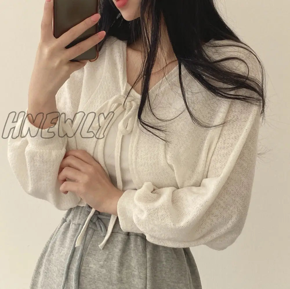 xsrrr Thin White Cardigan Bandage Lantern Sleeve Short Coat Pull Femme Knitwear Top Girl Cardigan Korean Style Casual T Shirt