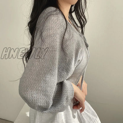 xsrrr Thin White Cardigan Bandage Lantern Sleeve Short Coat Pull Femme Knitwear Top Girl Cardigan Korean Style Casual T Shirt