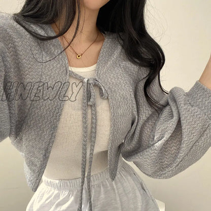 xsrrr Thin White Cardigan Bandage Lantern Sleeve Short Coat Pull Femme Knitwear Top Girl Cardigan Korean Style Casual T Shirt