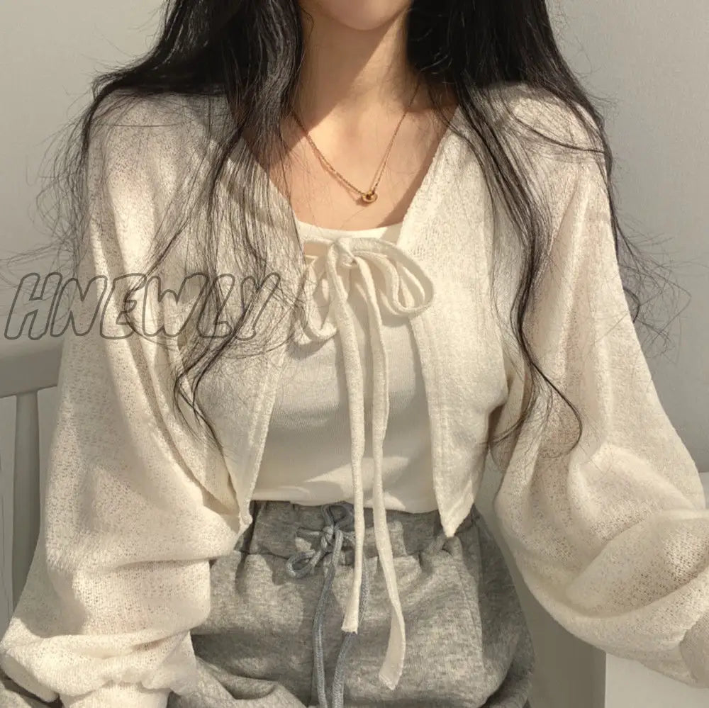 xsrrr Thin White Cardigan Bandage Lantern Sleeve Short Coat Pull Femme Knitwear Top Girl Cardigan Korean Style Casual T Shirt