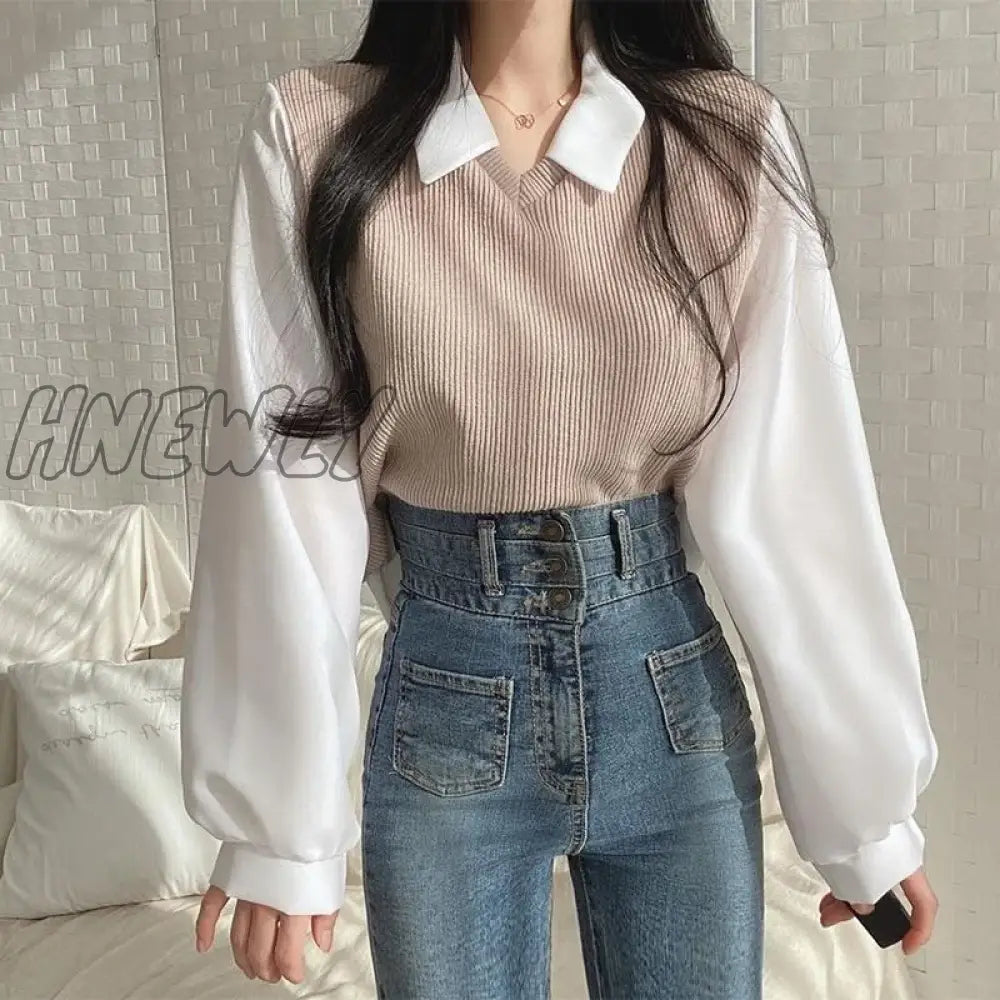 Hnewly Thread of Screw False Two-piece Polo Collar Sweatshirts Women Korean Patch Fashion Loose Female Pullovers Autumn Winter Y2k Tops