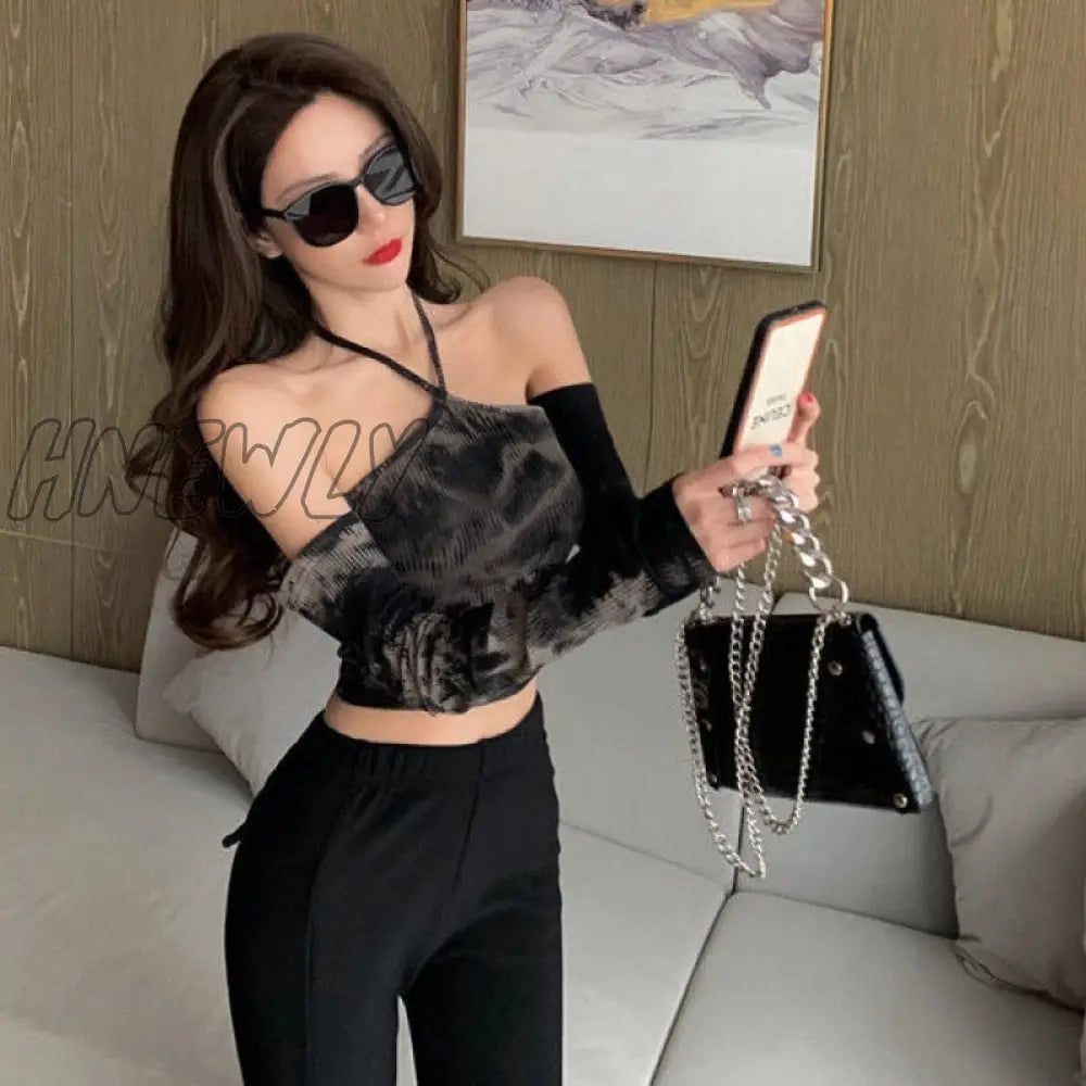 xsrrr Tie-dye Long-sleeved T-shirt Women Slimming One-word Neck Off Shoulder Halter Short Top Summer Y2K Goth Backless Sexy Crop Tops