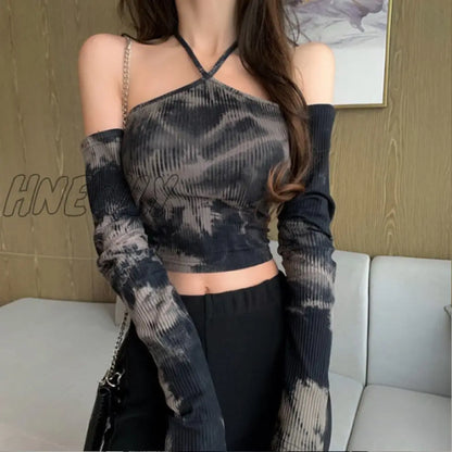 xsrrr Tie-dye Long-sleeved T-shirt Women Slimming One-word Neck Off Shoulder Halter Short Top Summer Y2K Goth Backless Sexy Crop Tops