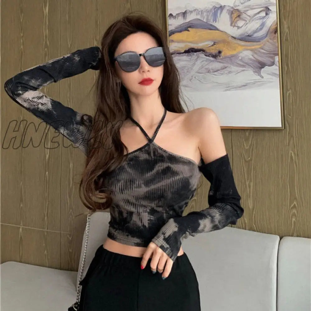 xsrrr Tie-dye Long-sleeved T-shirt Women Slimming One-word Neck Off Shoulder Halter Short Top Summer Y2K Goth Backless Sexy Crop Tops