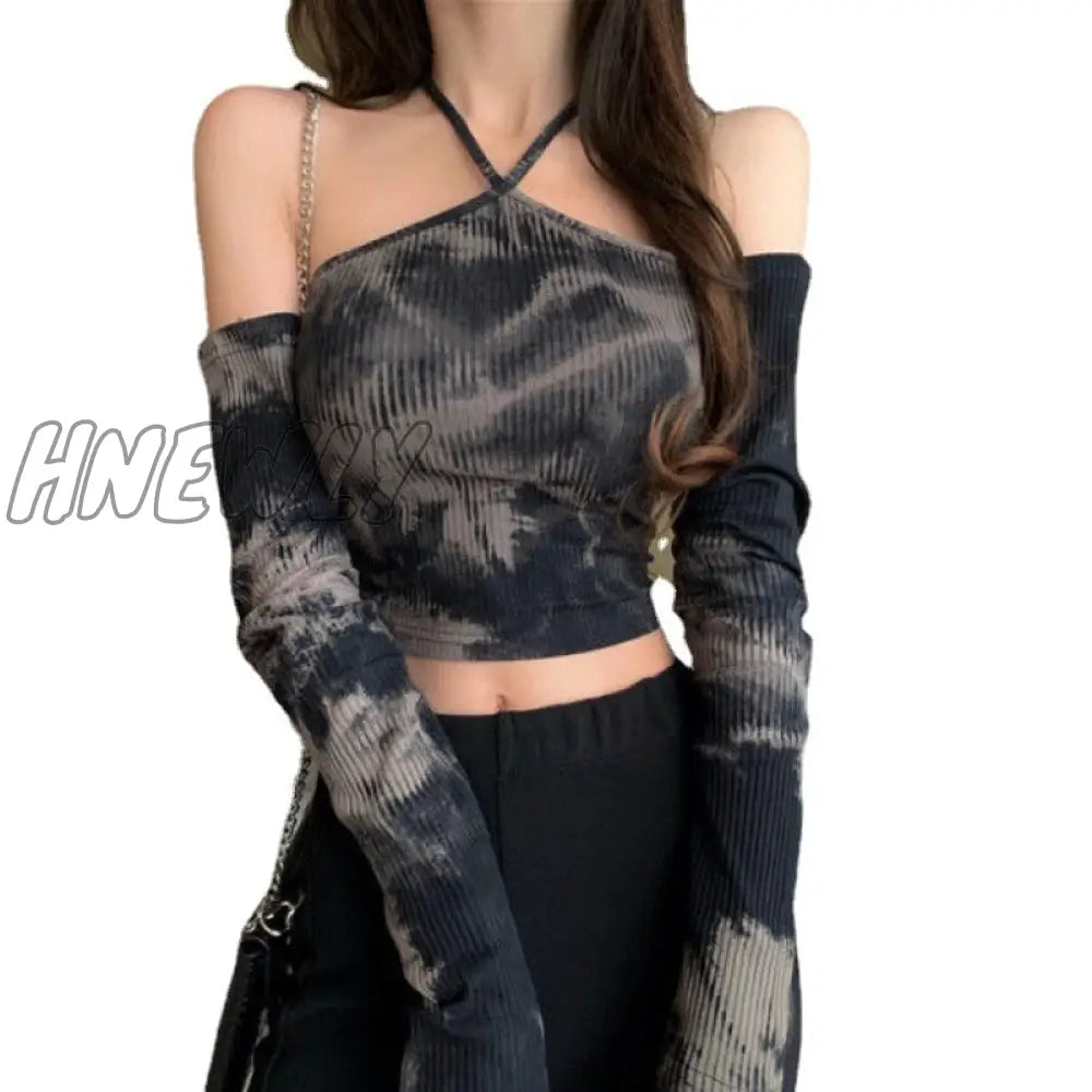 xsrrr Tie-dye Long-sleeved T-shirt Women Slimming One-word Neck Off Shoulder Halter Short Top Summer Y2K Goth Backless Sexy Crop Tops