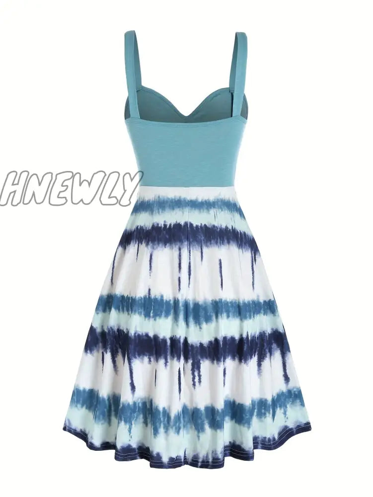 xsrrr Tie Dye Print Fake Button Dress, Casual Sleeveless Backless For Summer, Women's Clothing