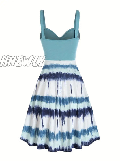 xsrrr Tie Dye Print Fake Button Dress, Casual Sleeveless Backless For Summer, Women's Clothing