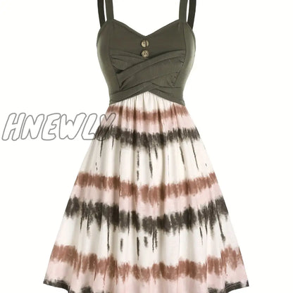 xsrrr Tie Dye Print Fake Button Dress, Casual Sleeveless Backless For Summer, Women's Clothing