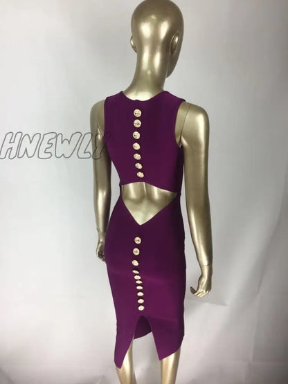 xsrrr Top Quality Sexy V Neck Button Split Black Purple Bandage Dress Knitted Elastic Elegant Evening Party Dress