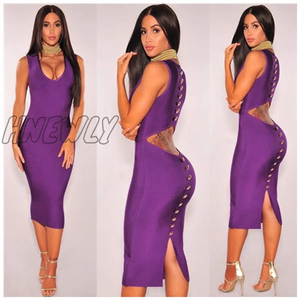 xsrrr Top Quality Sexy V Neck Button Split Black Purple Bandage Dress Knitted Elastic Elegant Evening Party Dress