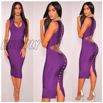 xsrrr Top Quality Sexy V Neck Button Split Black Purple Bandage Dress Knitted Elastic Elegant Evening Party Dress