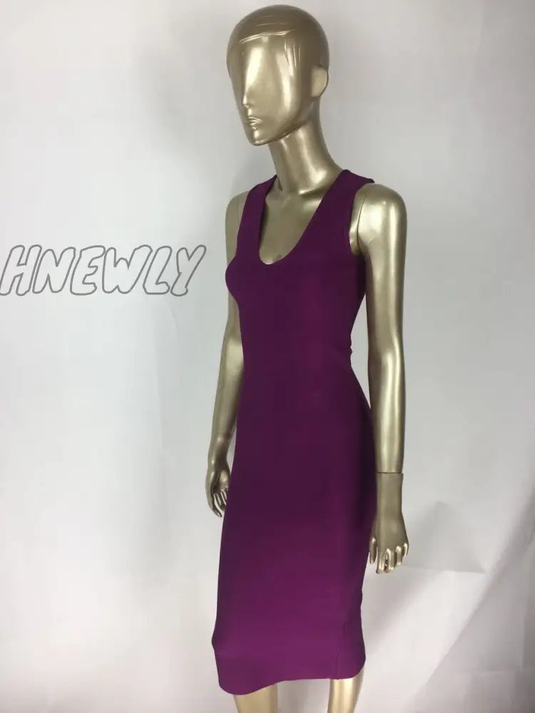 xsrrr Top Quality Sexy V Neck Button Split Black Purple Bandage Dress Knitted Elastic Elegant Evening Party Dress