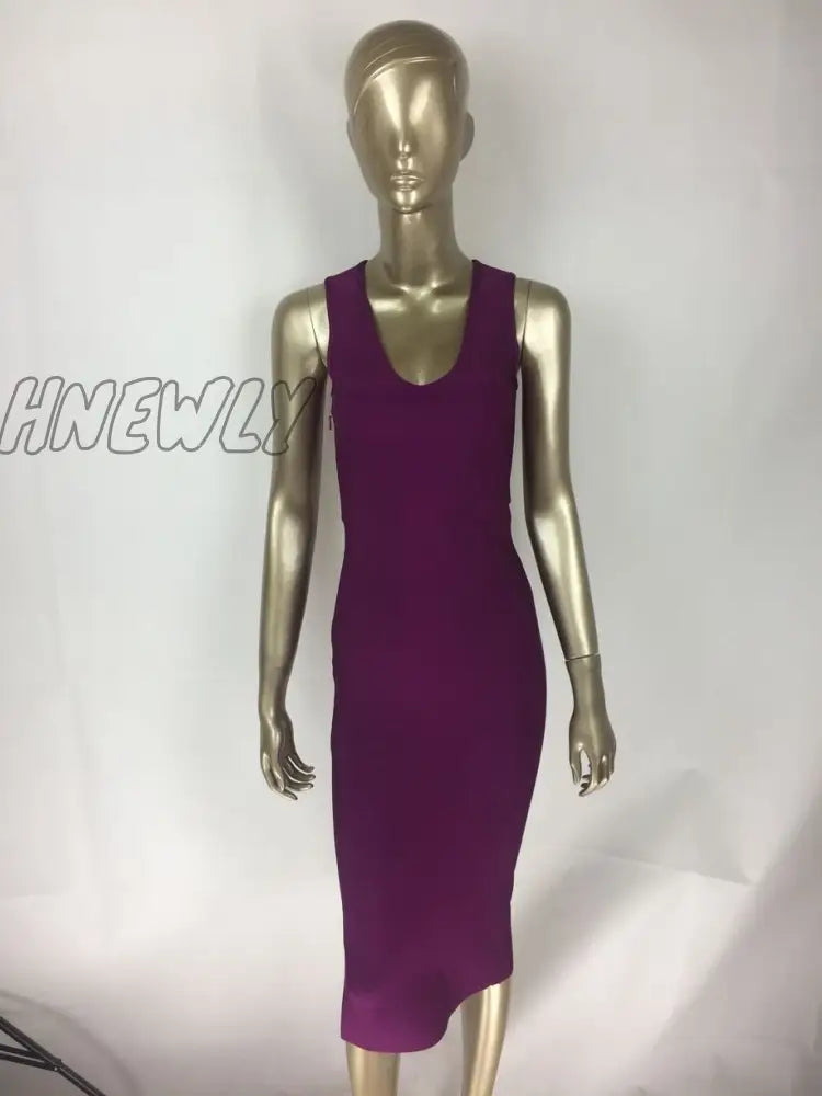 xsrrr Top Quality Sexy V Neck Button Split Black Purple Bandage Dress Knitted Elastic Elegant Evening Party Dress