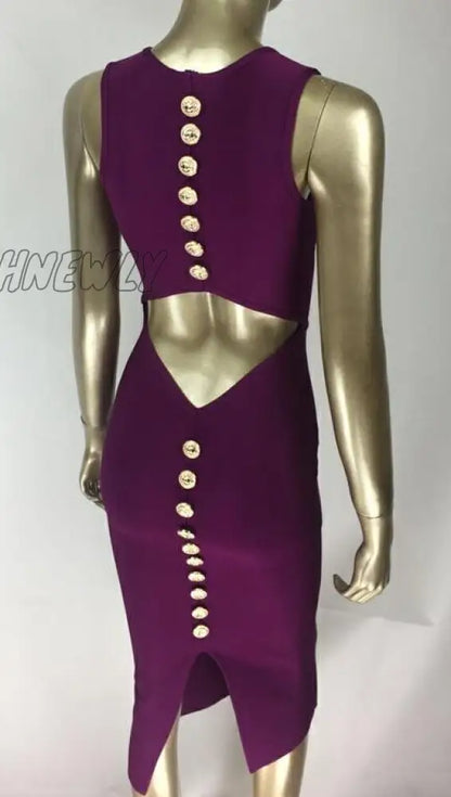 xsrrr Top Quality Sexy V Neck Button Split Black Purple Bandage Dress Knitted Elastic Elegant Evening Party Dress