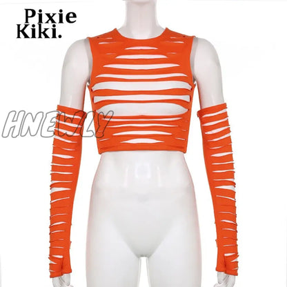 xsrrr Trendy Hole Cut Out Crop Top with Arm Sleeves Y2k Harajuku Streetwear Sexy T Shirts Women Orange Blue Swaggy Outfits