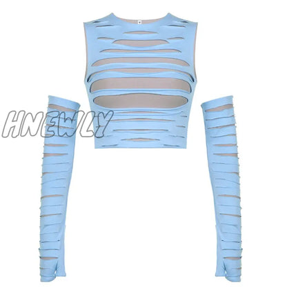 xsrrr Trendy Hole Cut Out Crop Top with Arm Sleeves Y2k Harajuku Streetwear Sexy T Shirts Women Orange Blue Swaggy Outfits