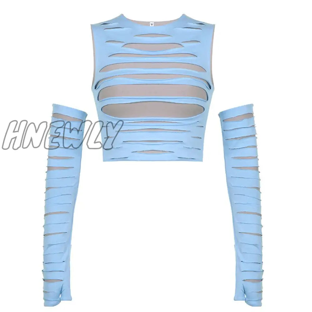 xsrrr Trendy Hole Cut Out Crop Top with Arm Sleeves Y2k Harajuku Streetwear Sexy T Shirts Women Orange Blue Swaggy Outfits